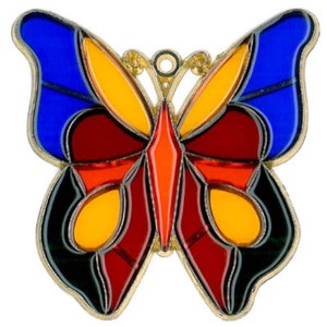 May include: A stained glass butterfly ornament with a red, orange, yellow, blue, and black design. The butterfly has a gold metal frame and a hanging loop.