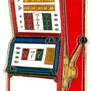 May include: A red, gold, and blue metal slot machine charm with a lever on the side. The slot machine has three windows with the number 7 in each window. The top window has three 7s, the middle window has three 7s, and the bottom window has one 7.