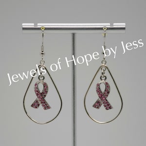 Breast Cancer Awareness Ribbon Hope Drop Earrings with Rhinestones