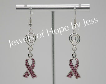 Breast Cancer Awareness Ribbon Spiral Earrings with Pink Rhinestones
