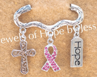 Breast Cancer Awareness Ribbon Charm Brooch with Rhinestones