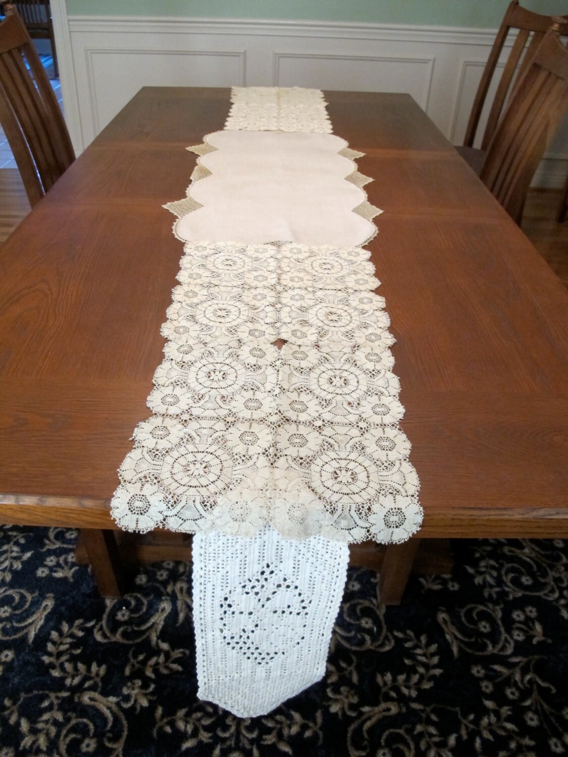 Vintage doilies lace and linen table runner for weddings Etsy