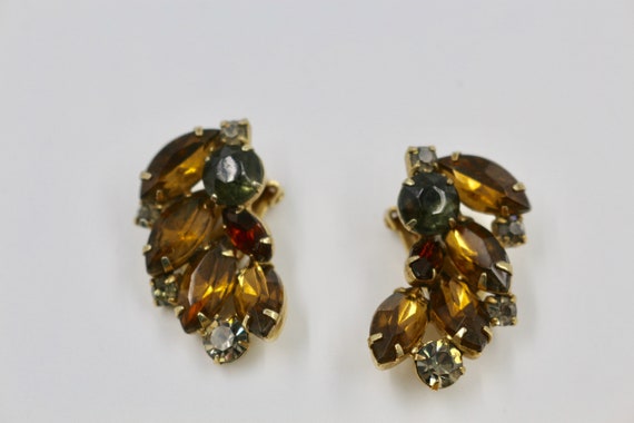 vintage Amber Glass Aurora Borealis Rhinestone Clip Earrings Signed Designer Earrings Ear Climbers