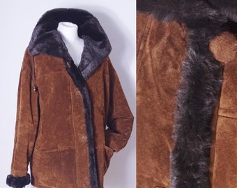 Geweldige jaren 90 oversized winterjas chocoladebruine suède jas pluche voering van imitatiebont M L