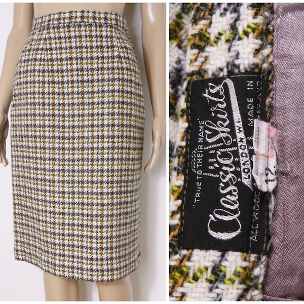 50s 60s WOOL mid length fitted high waist pencil skirt houndstooth tweed U.K. 4 - 6 S XS XXS