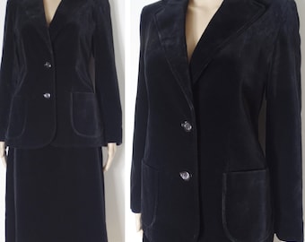 70s 80s St Michael two piece black cotton velvet suit fitted jacket + matching shift skirt U.K. 6 - 8 S