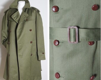 Vintage Army Overcoat Trench Coat Wool Gabardine Dark Olive Green