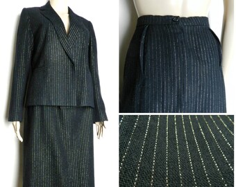 70s ladies two piece suit fitted jacket high waist pencil skirt black+ gold metallic thread pinstripe U.K. 10 - 12 sm m