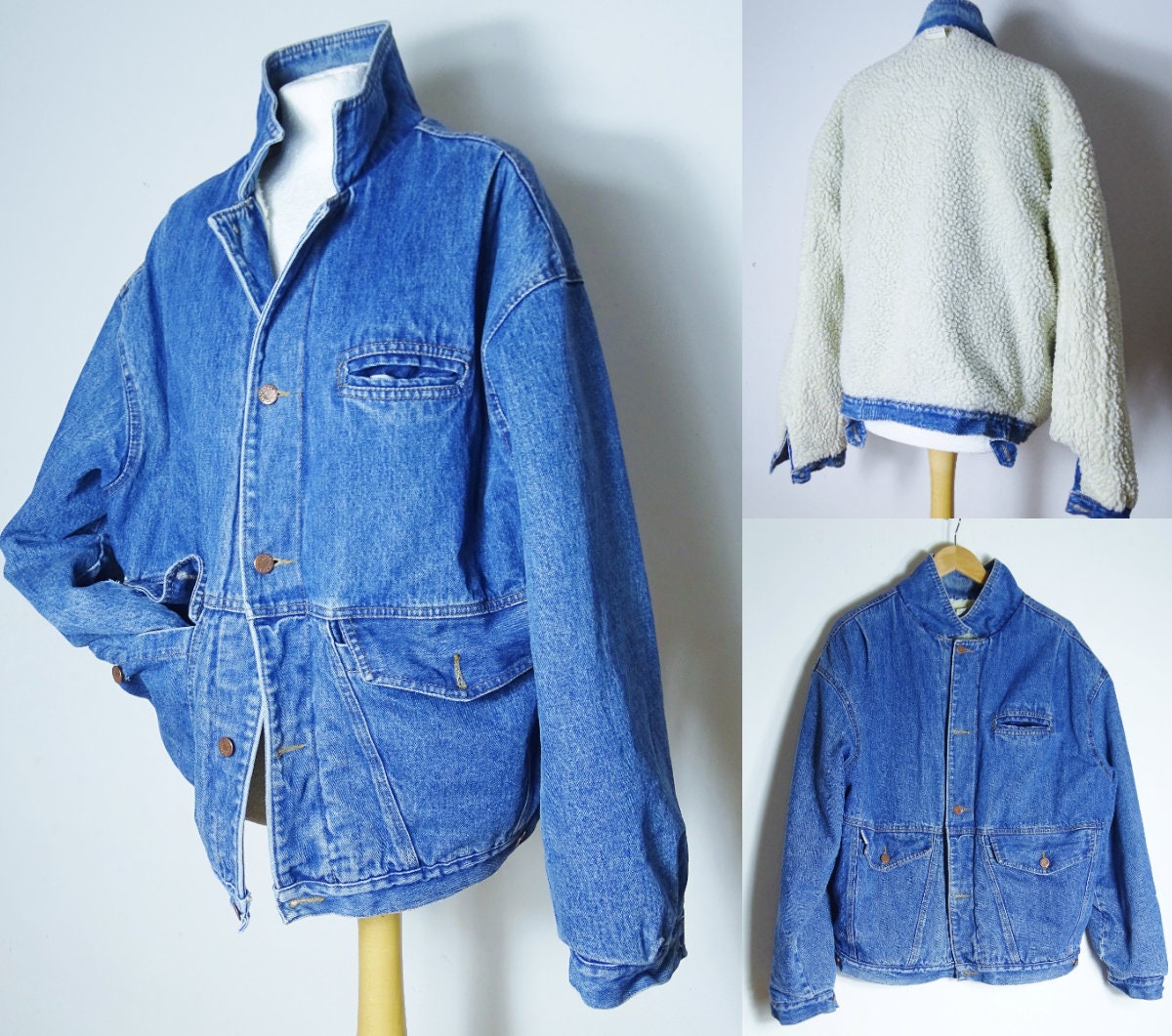 1980's Vintage Snow Washed Denim Bomber Jacket Retro Sz XL - OOAK