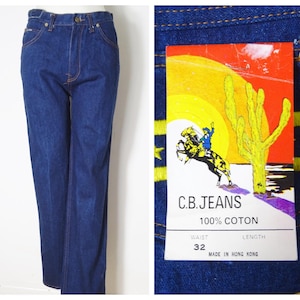 30&#39;&#39; X 32&#39;&#39; DEADSTOCK 70s 80s high waist dark indigo blue denim straight leg western jeans