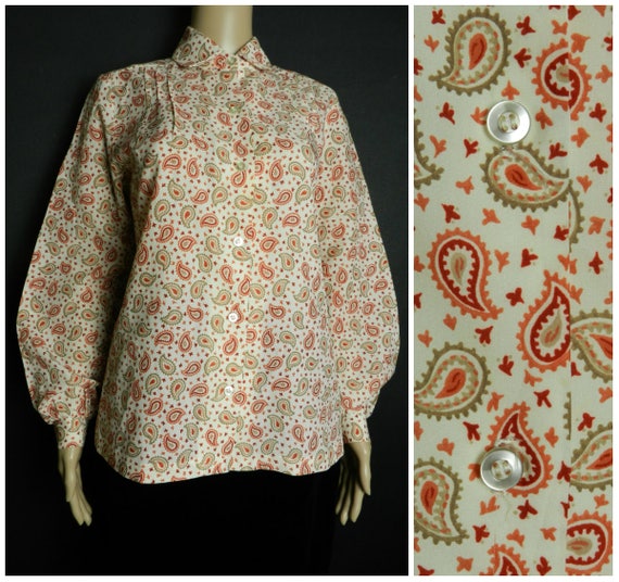 70s PAISLEY silky cream orange + pink blouse shi