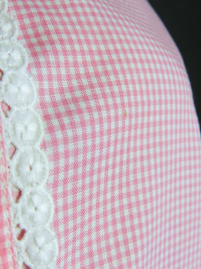 12-14 s m 60s 70s home sewn High Neck Collar blouse in COTTON candy pink gingham check eyelet lace trim U.K
