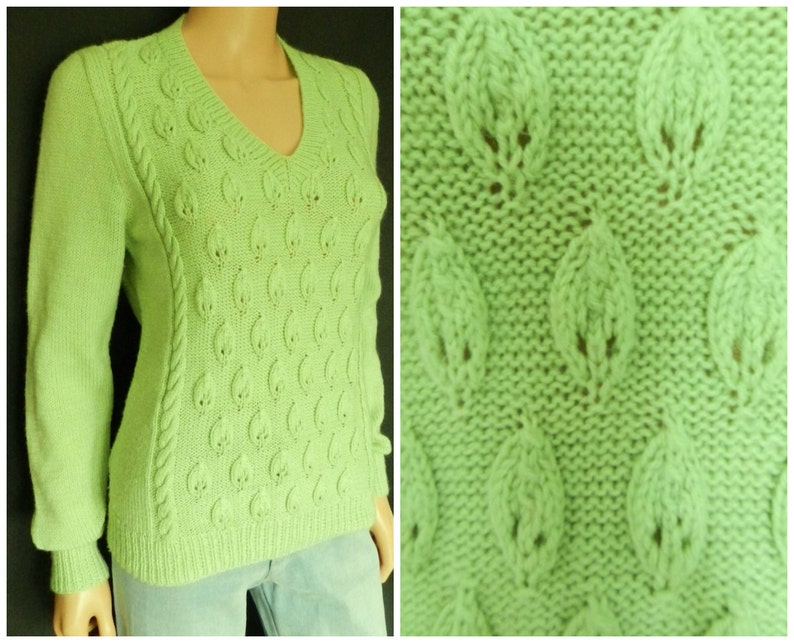 12-14 M SALE 70\u2019s ACRYLIC hand knitted lime green v neck sweater pull over leaf design u.k
