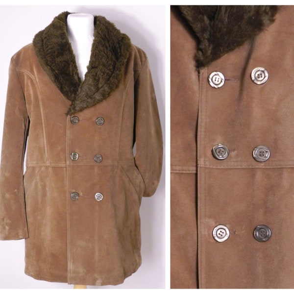 70s 80s deadstock chocolate brown ultrasuede mens double breasted winter coat faux fur oversized collar 42'' - 44'' chest L XL