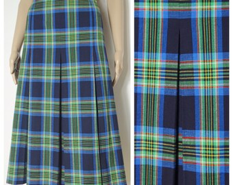 80s Wool mix calf length pleated skirt green blue yellow tartan check U.K. 12 M