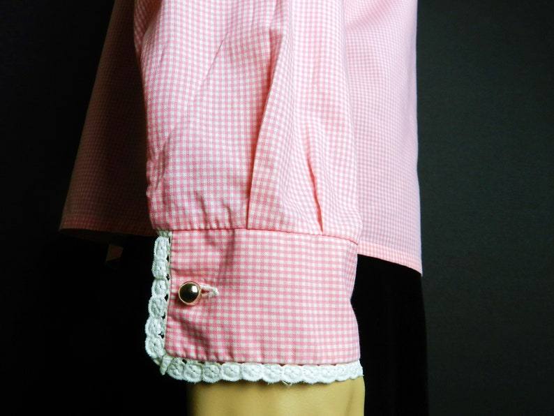 12-14 s m 60s 70s home sewn High Neck Collar blouse in COTTON candy pink gingham check eyelet lace trim U.K