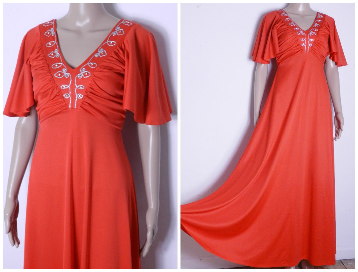 Image of '' Bust S Karida Vibrant Red Evening Dress Flutter Sleeves Full Skirt Ruched Embellished Diamante Bodice U.k.  -  S Xs