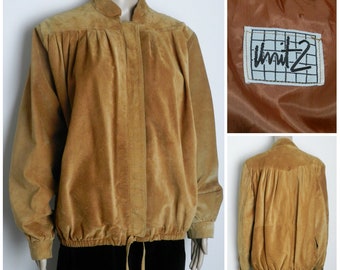 80s supple soft tan SUEDE  slouchy bomber jacket pullstring waist M L 40 - 42'' chest