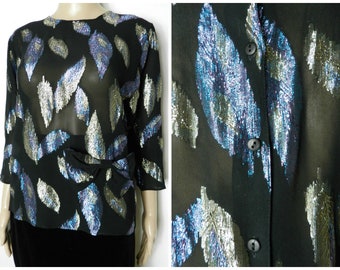 70s 80s GLAM semi sheer black + rainbow LUREX metallic blouse bow corsage three quarter length sleeves U.K. 10 - 12 S M