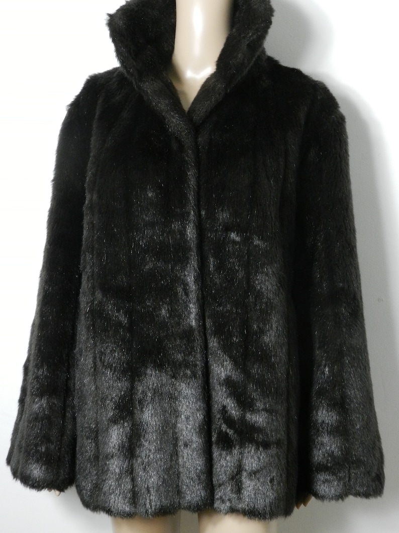 80s 90s dark chocolate brown faux fur faux mink winter coat Oversized collar longline L ~ XL