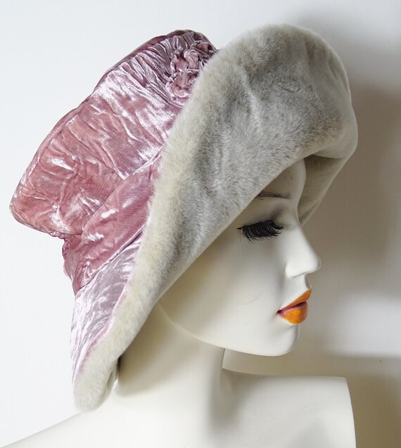 70s plush dusty pink crushed velvet bucket hat wi… - image 2