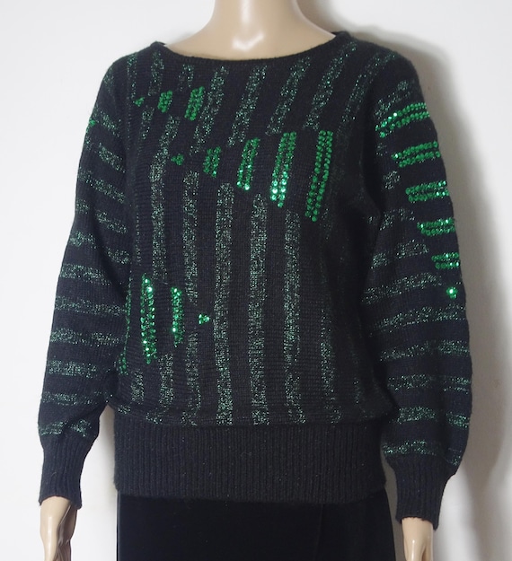 70s 80s Black Mohair Green Lurex Blend BATWING Jumper Sweater