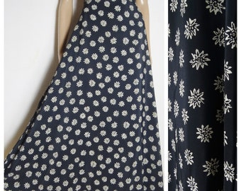 80s 90s skirt silky high waist aline maxi skirt black with cream + beige flower print U.K. 8 - 10 S M