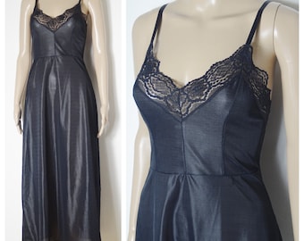 70er 80er Jahre transparente schwarze Spitze Negligee Unterkleid S M