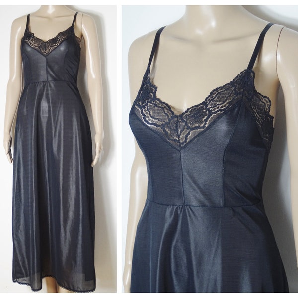 70s 80s full length sheer black nylon + lace negligee slip S M