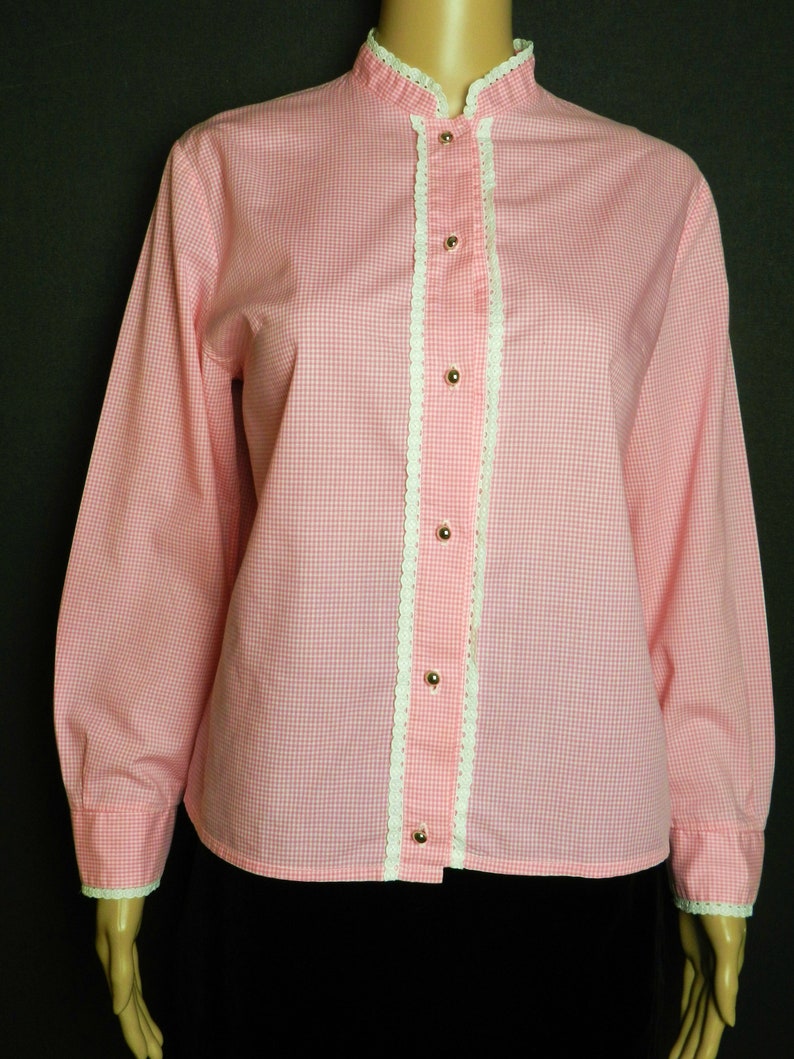 12-14 s m 60s 70s home sewn High Neck Collar blouse in COTTON candy pink gingham check eyelet lace trim U.K