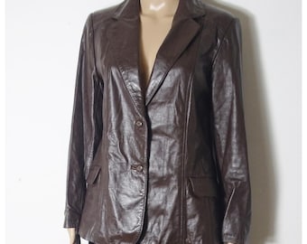 Jaqueta de couro marrom escuro macia e flexível dos anos 70, blazer dos anos 70, lapelas grandes, Reino Unido 10 - 12 S M