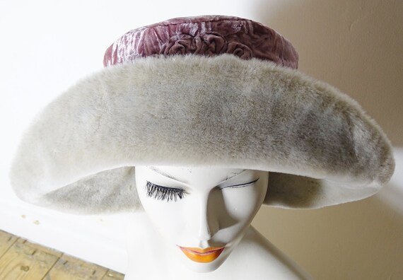 70s plush dusty pink crushed velvet bucket hat wi… - image 4