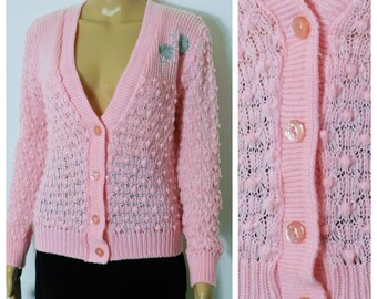 70s 80s Italian knit open bobble weave acrylic cardigan in Candy Pink grey embroidery S M