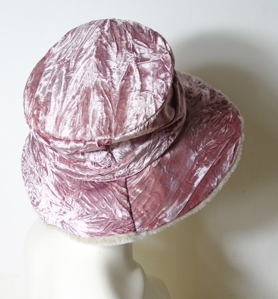 70s plush dusty pink crushed velvet bucket hat wi… - image 9
