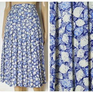 70s 80s Pure New Wool high waist accordion pleated skirt by &#39;EDINBURGH&#39; cream + blue abstract print U.K. 6 - 8 S XS