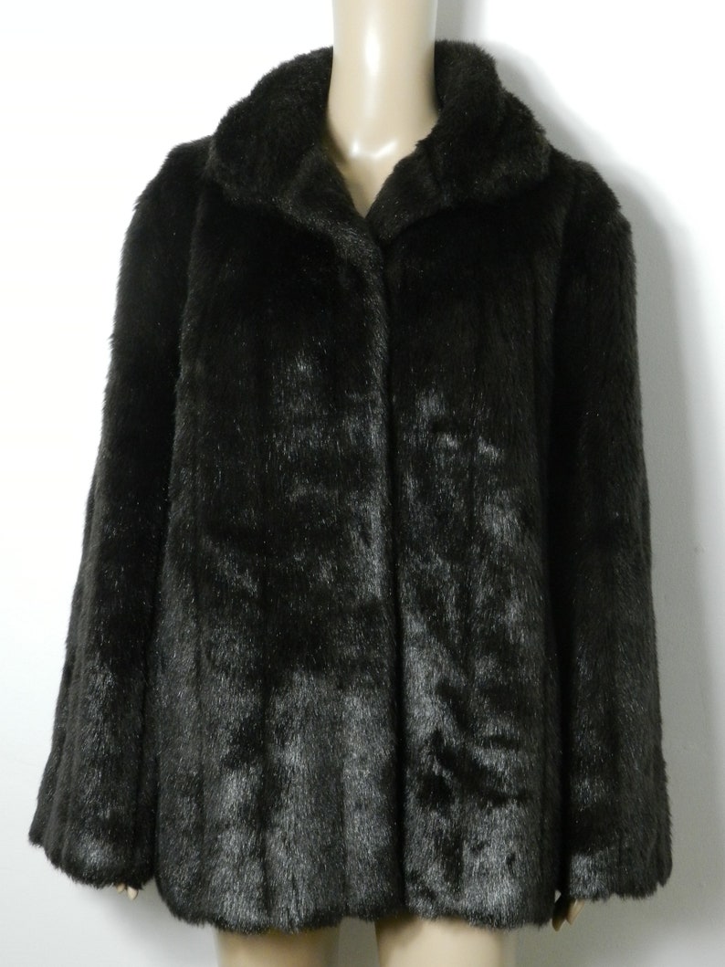 80s 90s dark chocolate brown faux fur faux mink winter coat Oversized collar longline L ~ XL
