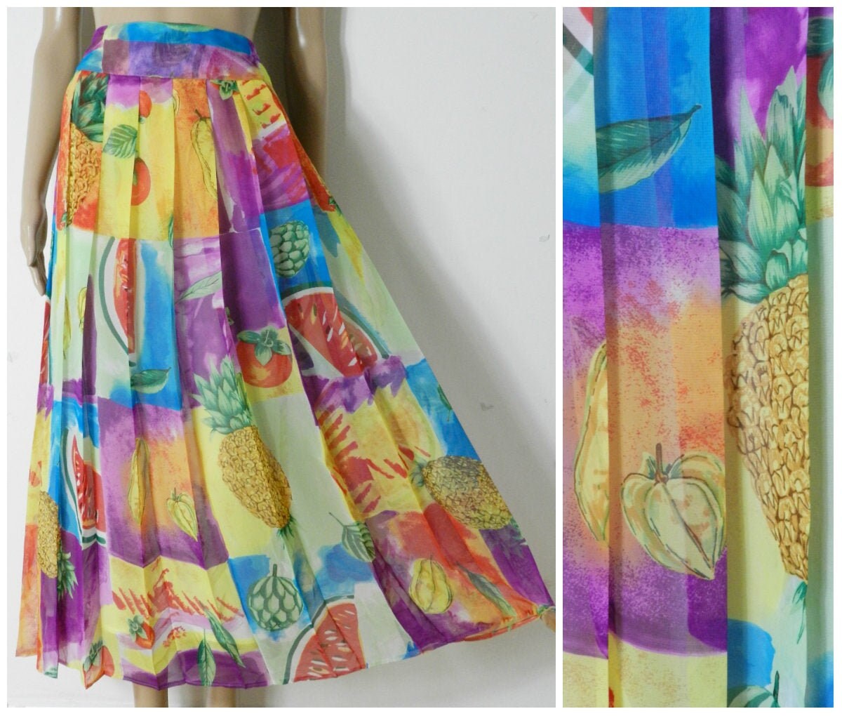 Image of S S High Waist Bold Fruit Print Semi Sheer Full Length Pleated Skirt U.k.  '' M