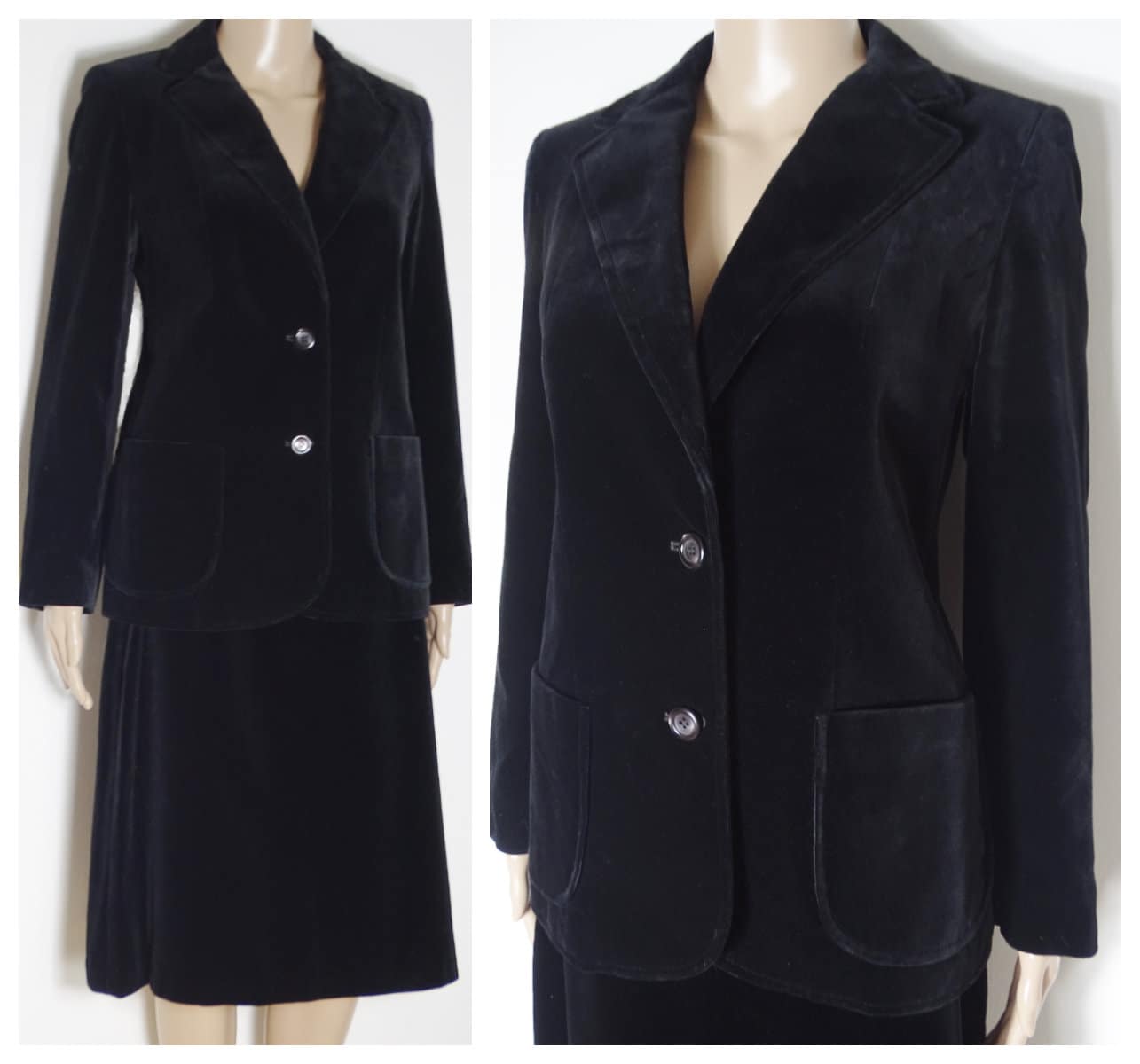 70s 80s St Michael Two Piece Black Cotton Velvet Suit Fitted