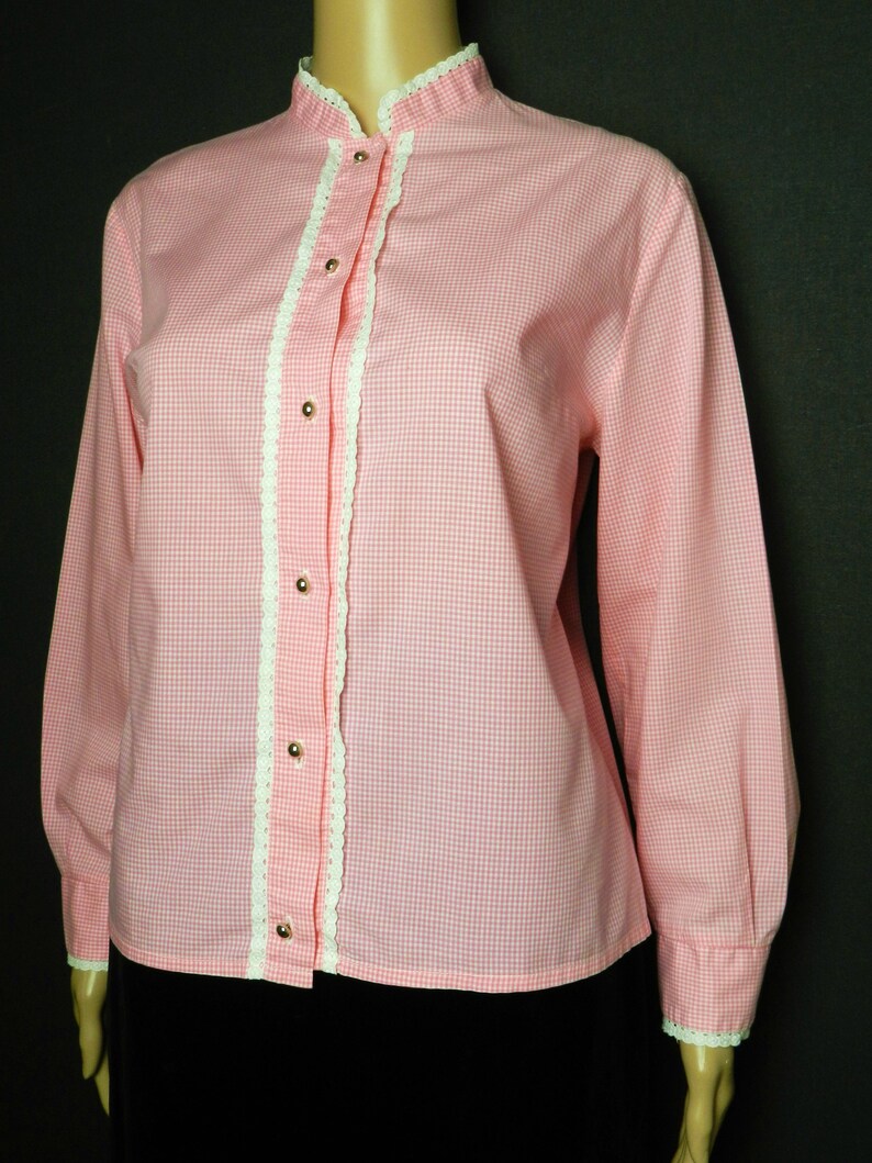 12-14 s m 60s 70s home sewn High Neck Collar blouse in COTTON candy pink gingham check eyelet lace trim U.K