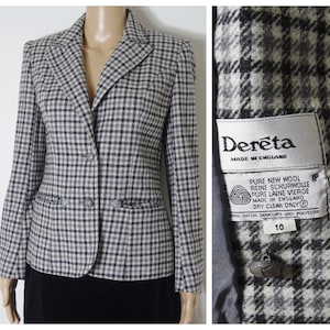 70s 80s WOOL fitted jacket blazer tweed jacket by 'DERETA' grey black + white houndstooth check U.K. 10 - 12 S M