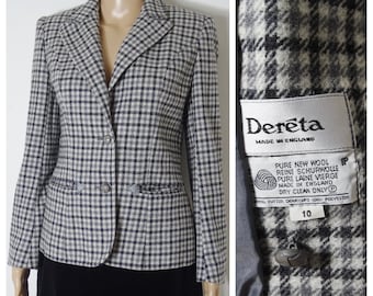 70s 80s WOOL fitted jacket blazer tweed jacket by 'DERETA' grey black + white houndstooth check U.K. 10 - 12 S M