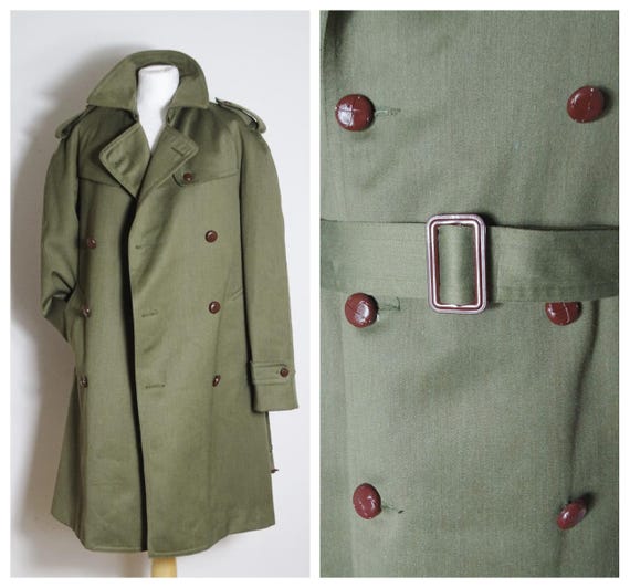 70s 80s Wool Italian mens army coat army jacket belted waist double breasted oversized lapels 44 - 46'' chest L