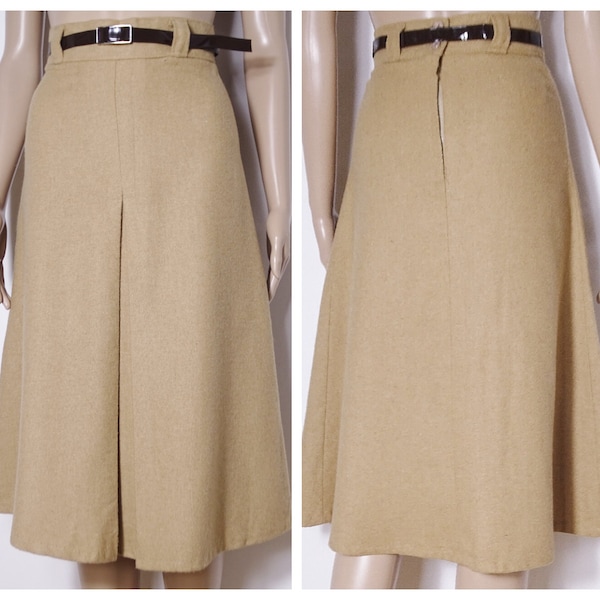 70s 80s deadstock WOOL mix beige taupe aline pleated midi skirt belted skirt U.K. 4 - 6 XS XXS