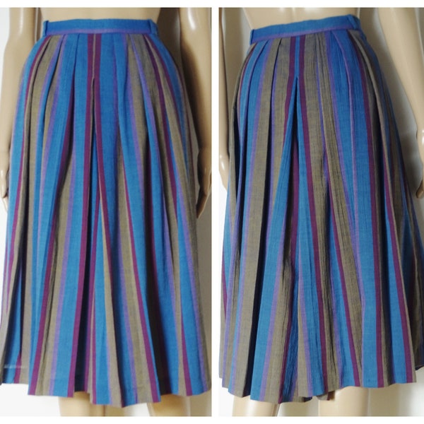 Vintage 70s 70s high waist pleated wide leg culottes blue gold burgundy + mauve candy stripe U.K. 8 - 10 S M
