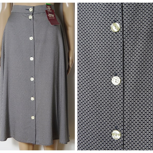 80s 90s DEADSTOCK calf length button down aline skirt by 'St Michael' ~ black + white circle print U.K. 6 - 8 S XS