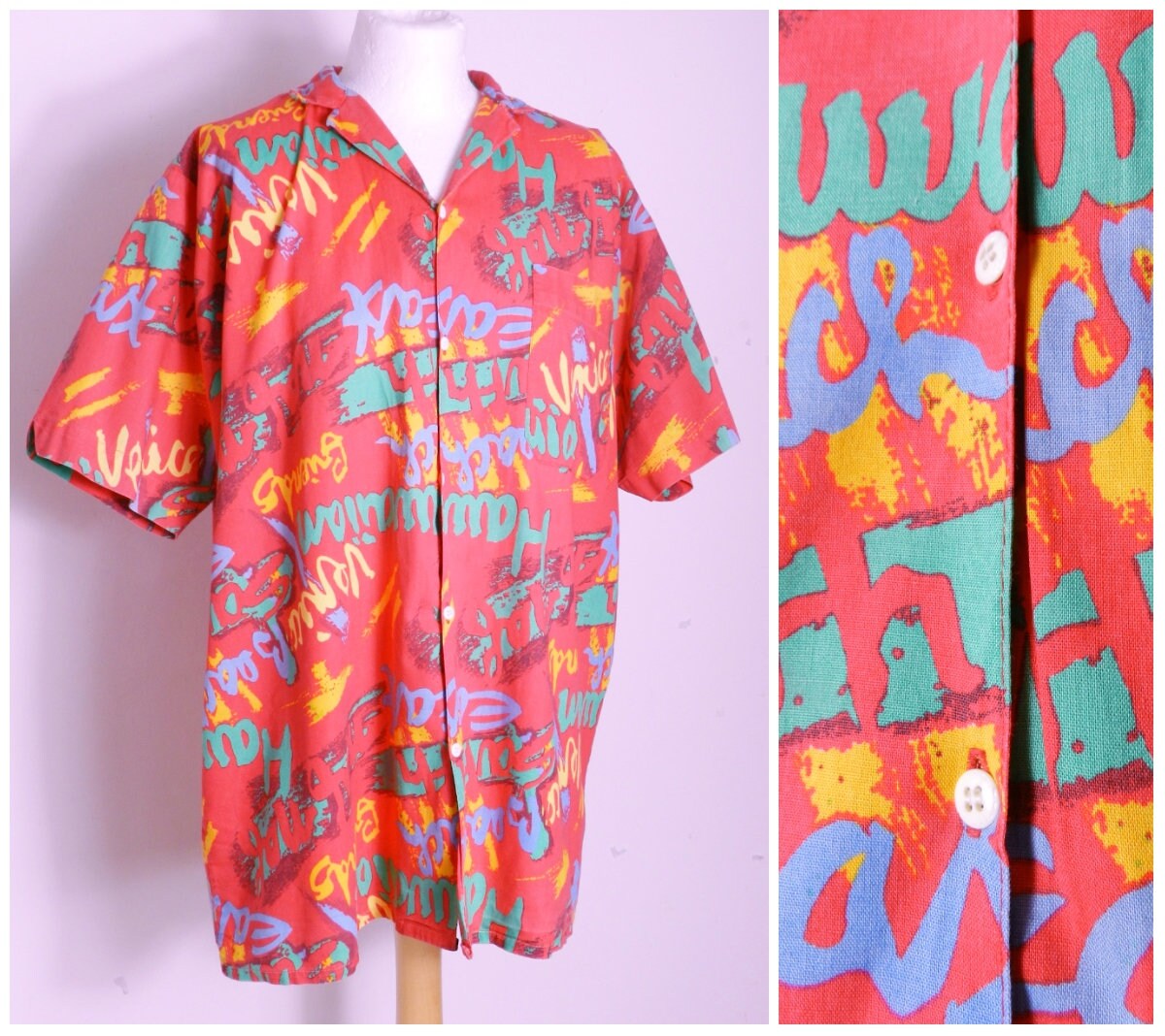 Image of 80S 90S Mens Cotton Hawaiian Beach Short Sleeved Shirt in Vibrant Red Blue Aqua Green + Yellow 46'' Chest L Xl