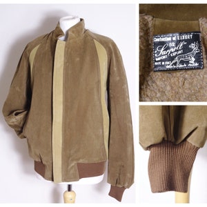 42'' chest 70s 80s DEADSTOCK Italian mens faux suede BOMBER jacket tan + chocolate brown M L