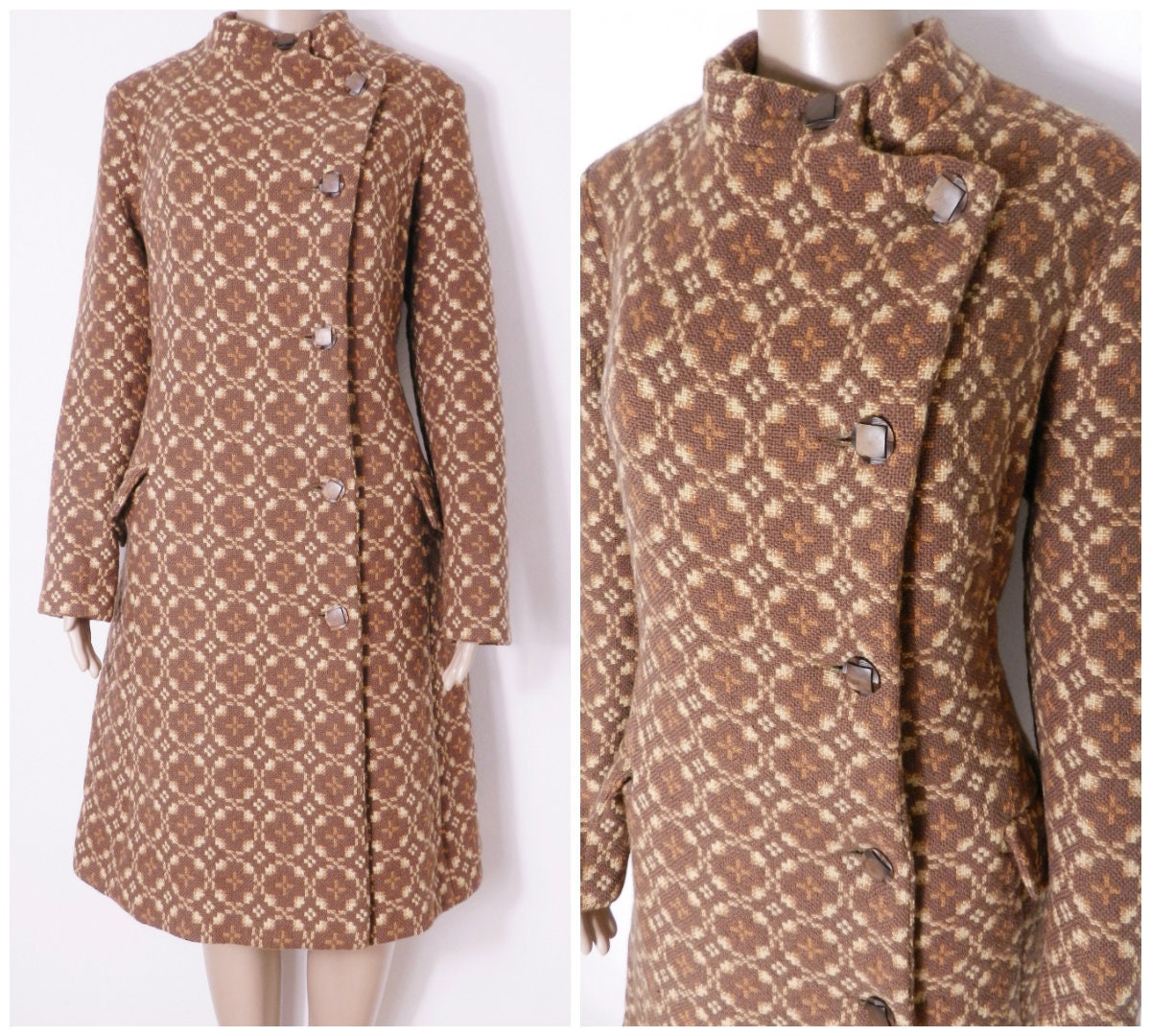 Image of S Cinnamon + Golden Brown Three Quarter Length Fitted Welsh Tapestry Wool Coat Funnel Neckline U.k.   S M