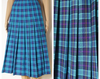 70s high waist calf length pleated tartan skirt U.K. 8 S XS