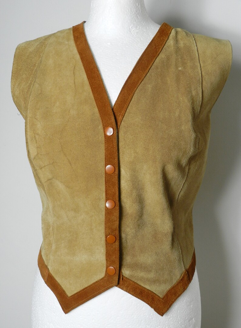 60s 70s womens supple TAN suede leather snap front FITTED vest waistcoat 38/'/' bust U.K 10-12